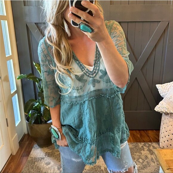 Lace Blouse V-Neck Turquoise Handmade Boho Women's Clothing Top - Picture 4 of 8